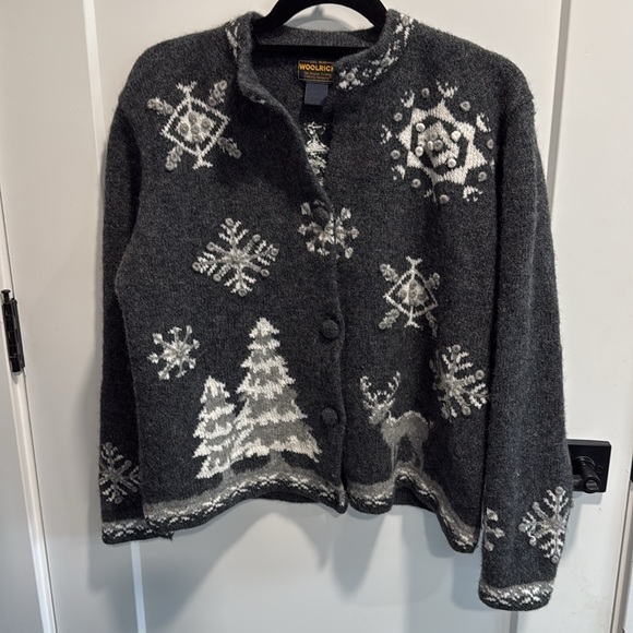 Woolrich Wool Cardigan Winter Snowflakes Deer Charcoal Gray White Large - Picture 2 of 15